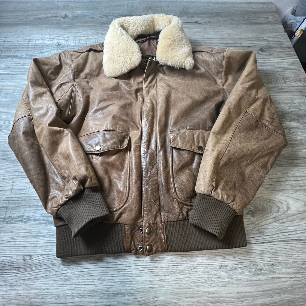 Reed Sportswear Bomber Jacket Mens 42 Brown Leather Shearling Collar Flight G-1